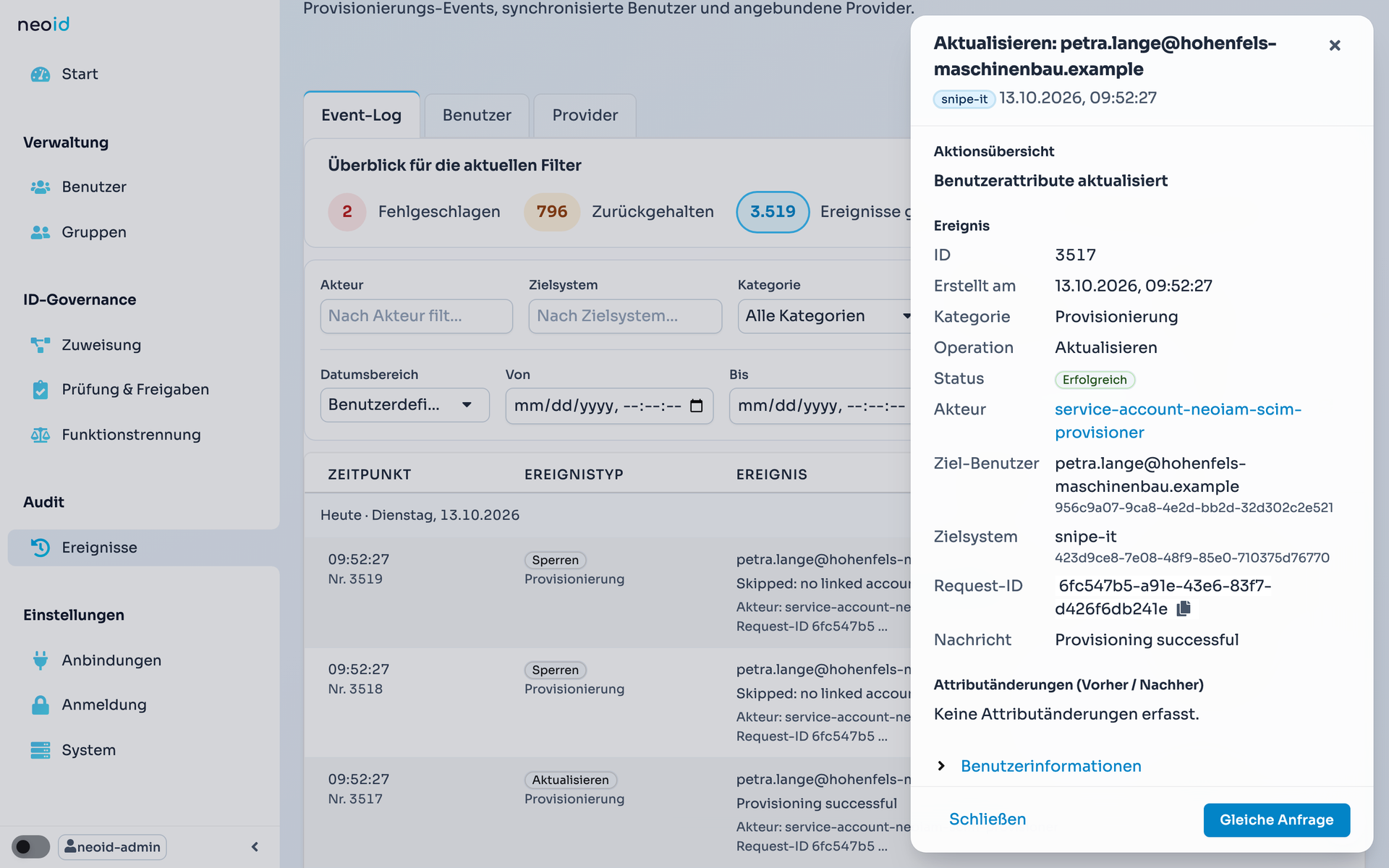 Audit-Ereignis mit Vorher-/Nachher-Vergleich der geänderten Attribute