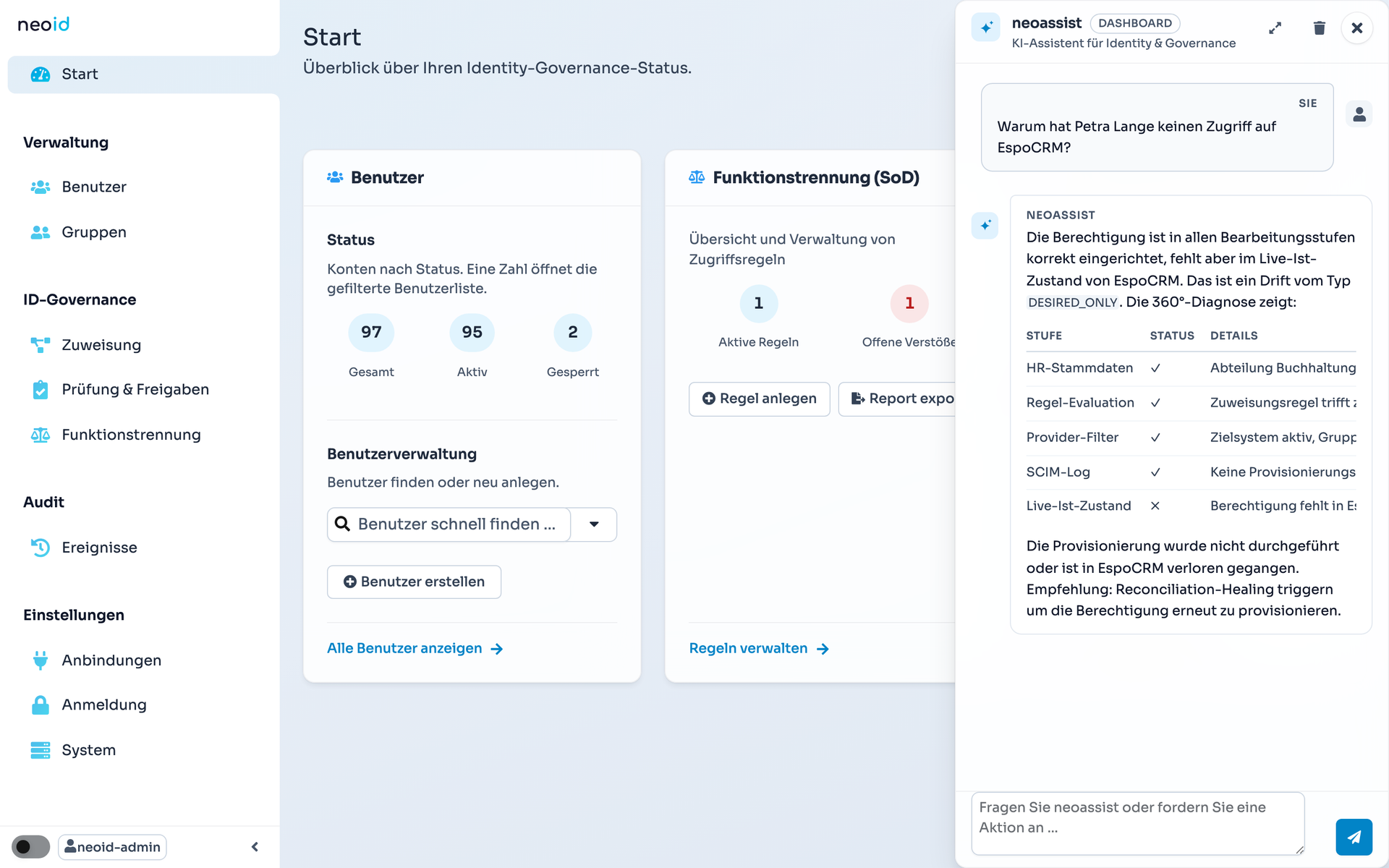 KI-Assistent neoassist erklärt ein Zugriffsproblem und schlägt eine Korrektur vor