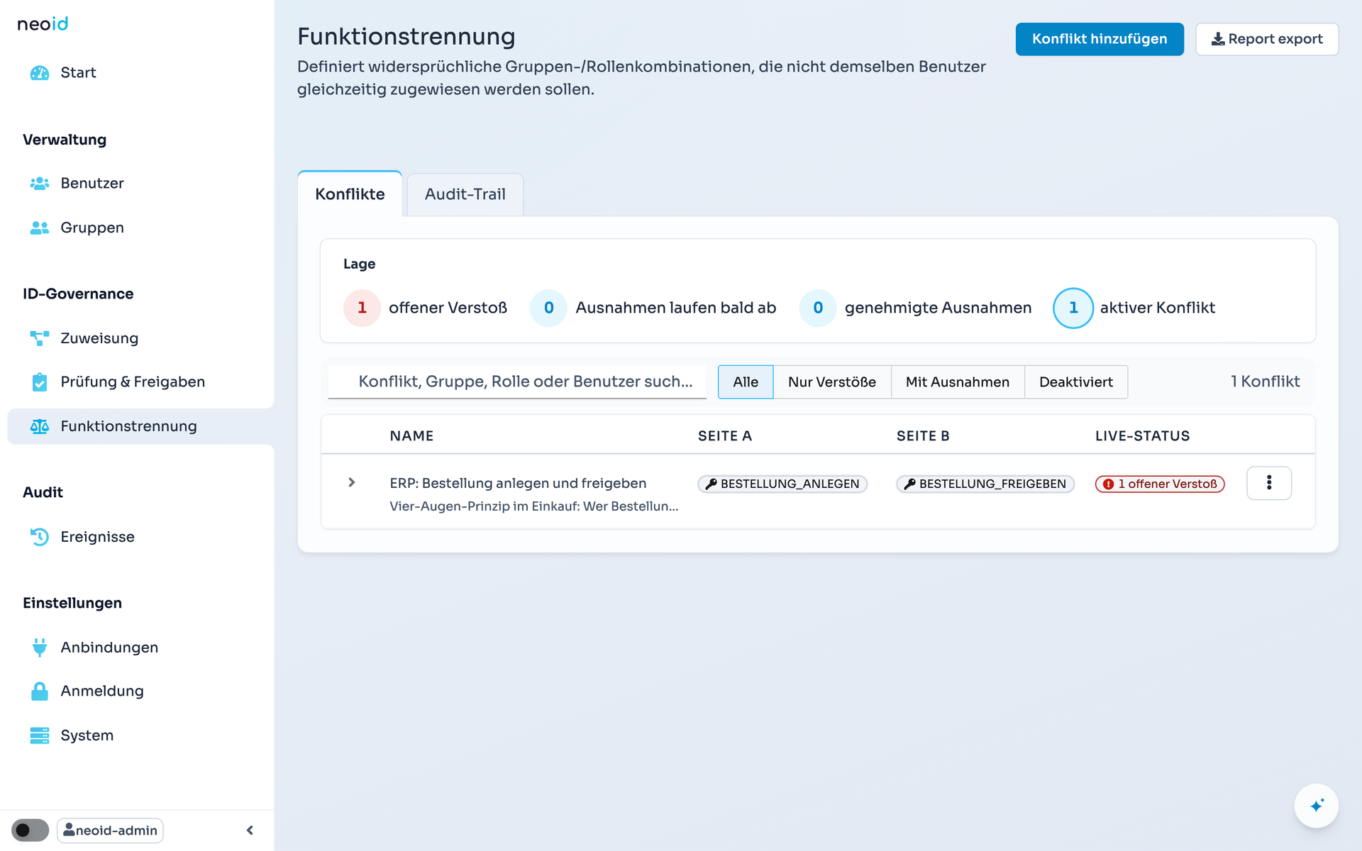 SoD-Dashboard mit erkannten Funktionstrennungskonflikten